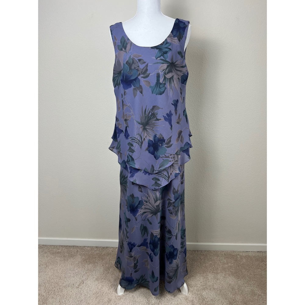 VTG R&M Richards US 14 Purple Floral Maxi Dress Layered Wedding Guest Formal